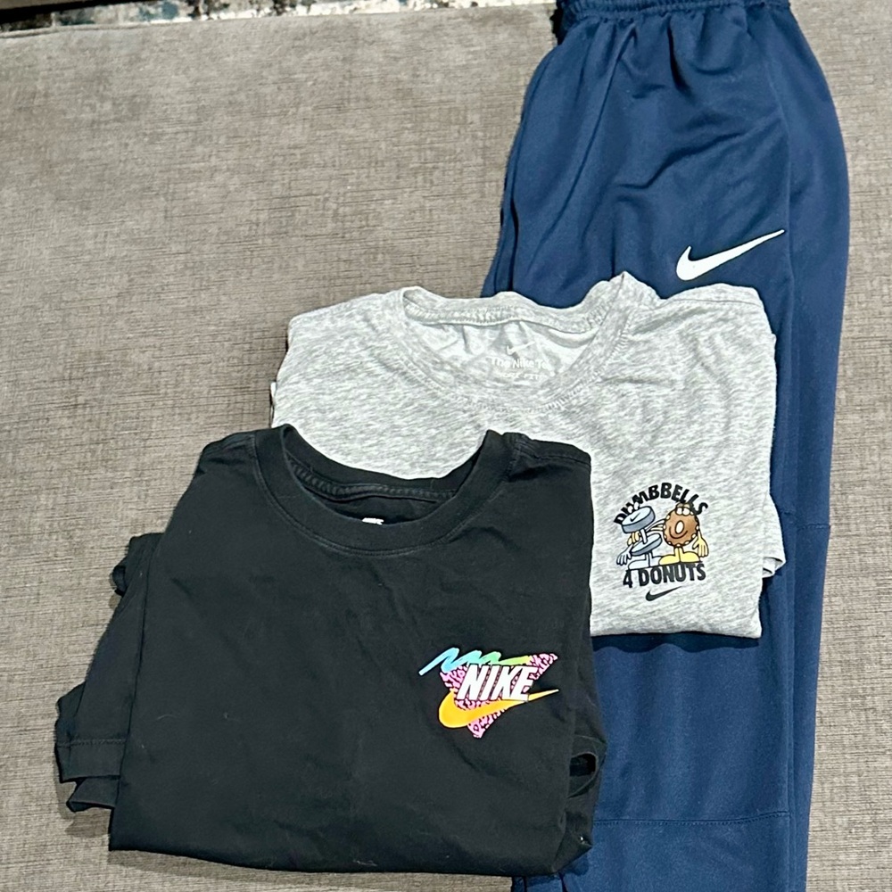 3 piece Nike Bundle - Navy dri-fit pants with 2 Nike Graphic Tees
